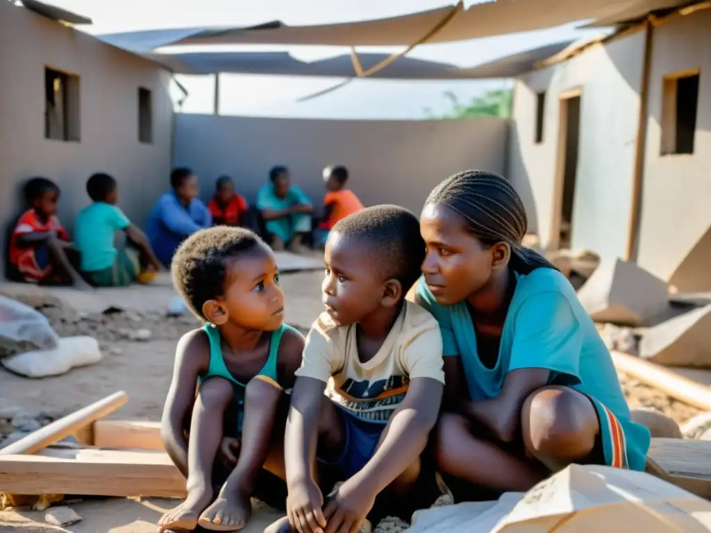 Vida en zonas de desastre: Familias desplazadas se reúnen en un refugio improvisado entre escombros, mostrando resiliencia y esperanza