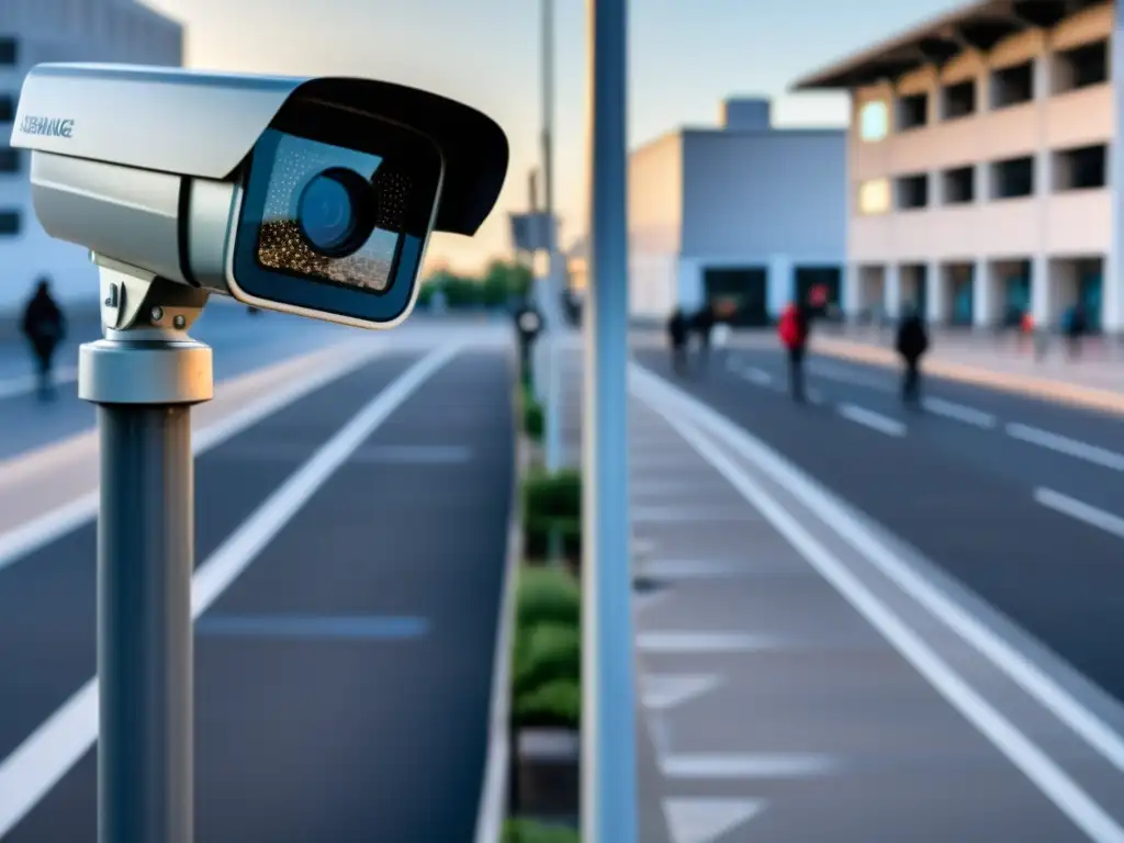 Vigilancia tecnológica durante pandemias: Imagen de cámara de vigilancia observando a personas en la calle desierta, creando tensión y ansiedad