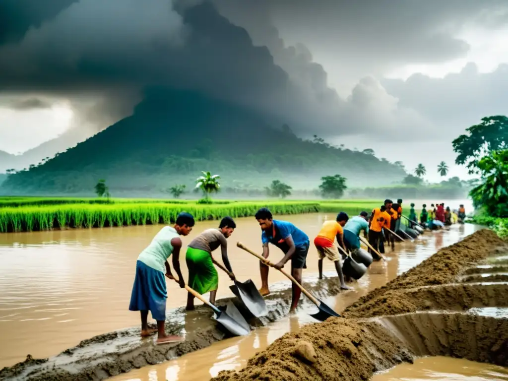 Villagers en Bangladesh fortaleciendo un dique de barro ante la crecida del río