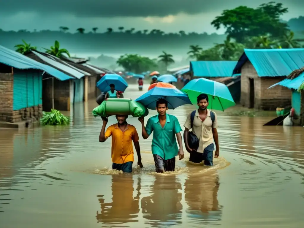 Villagers en Bangladesh se abren paso por aguas de inundación, llevando pertenencias en la cabeza