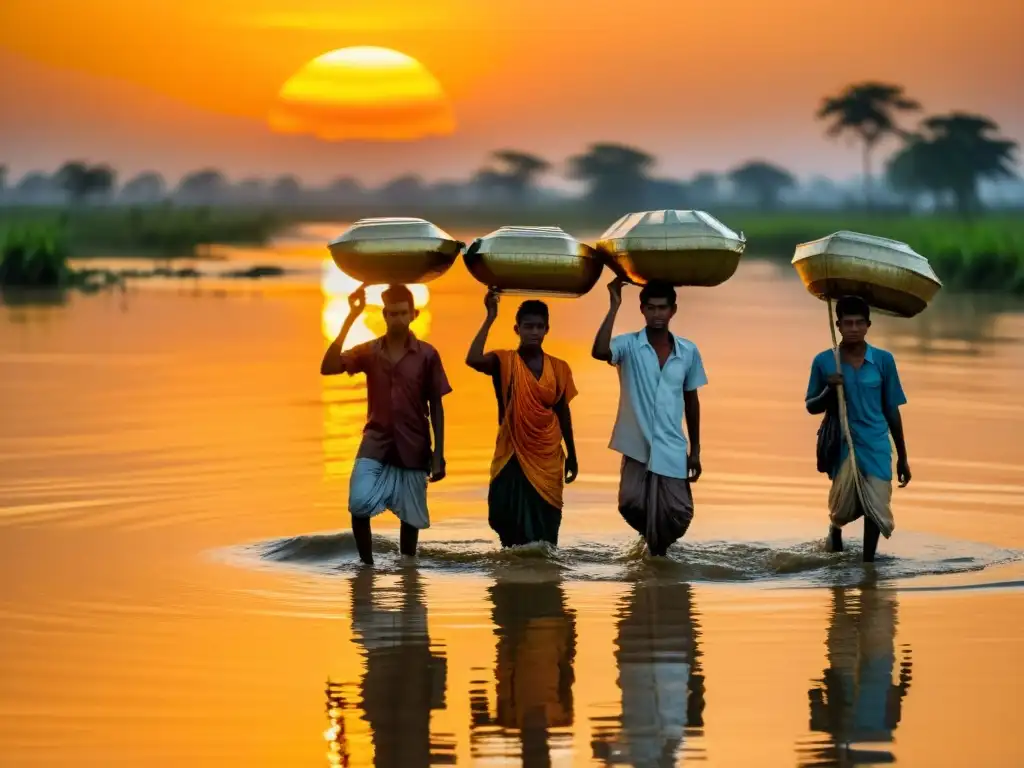 Villagers de Bangladesh en inundación, cargando pertenencias al atardecer