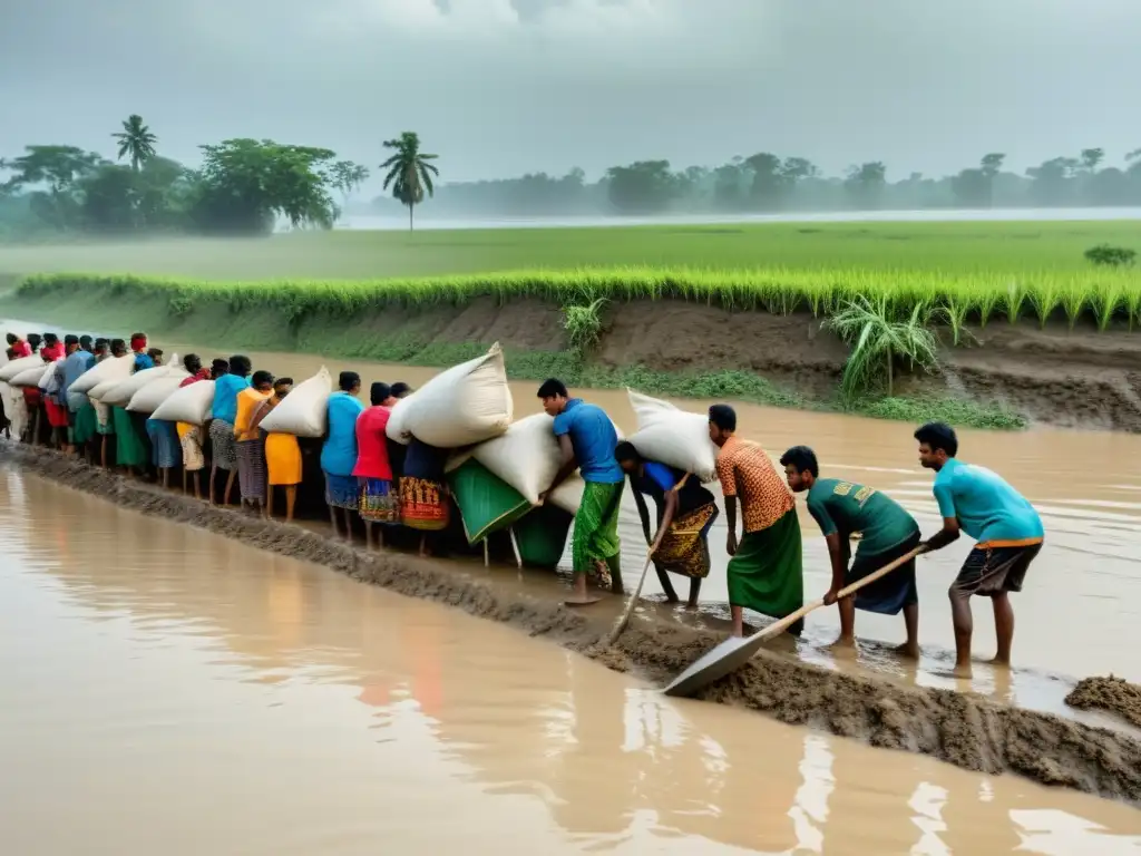 Villagers en Bangladesh muestran resiliencia ante inundaciones, reforzando un dique improvisado con sacos de arena bajo un cielo amenazante