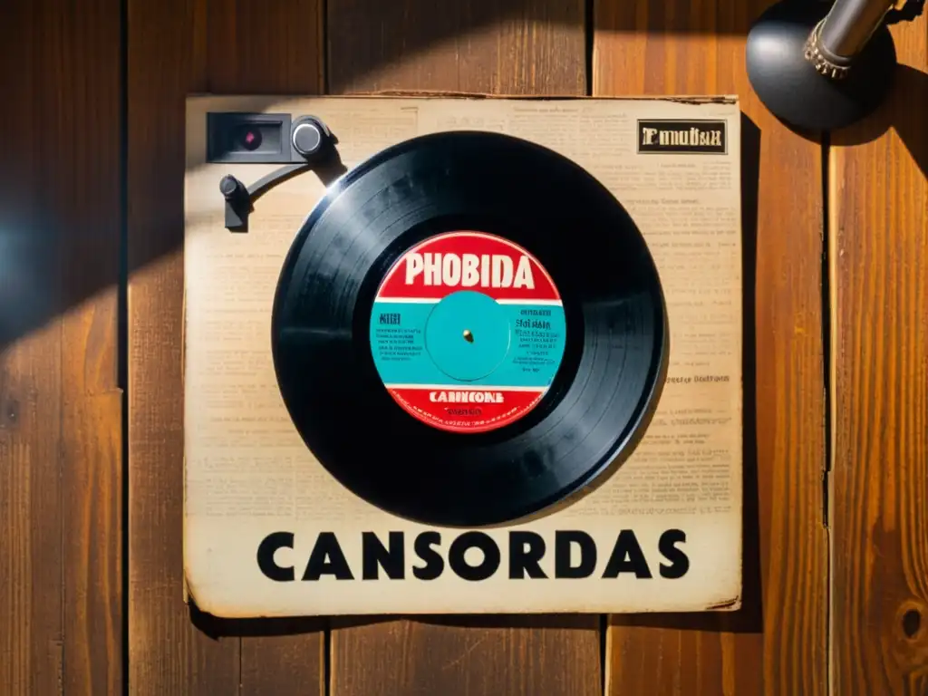 Vinilo rayado 'Canciones Prohibidas' entre carteles desgastados y micrófono vintage, evocando el misterio de los mensajes secretos en la música