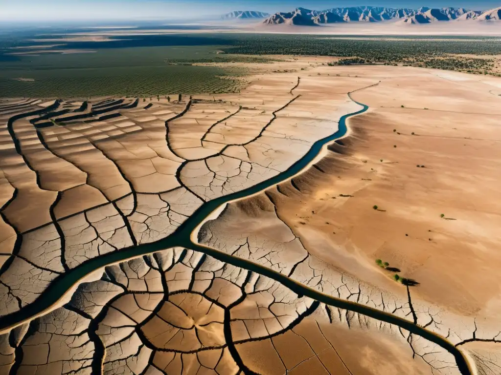 Vista aérea de una región afectada por la sequía, con tierra agrietada y un pueblo rodeado de cultivos marchitos