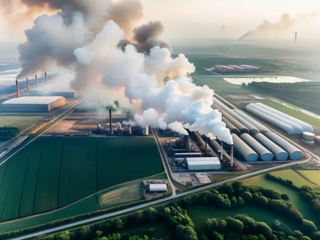 Vista aérea de área industrial emitiendo humo, contrastando con paisaje natural, destacando la responsabilidad empresarial en justicia climática