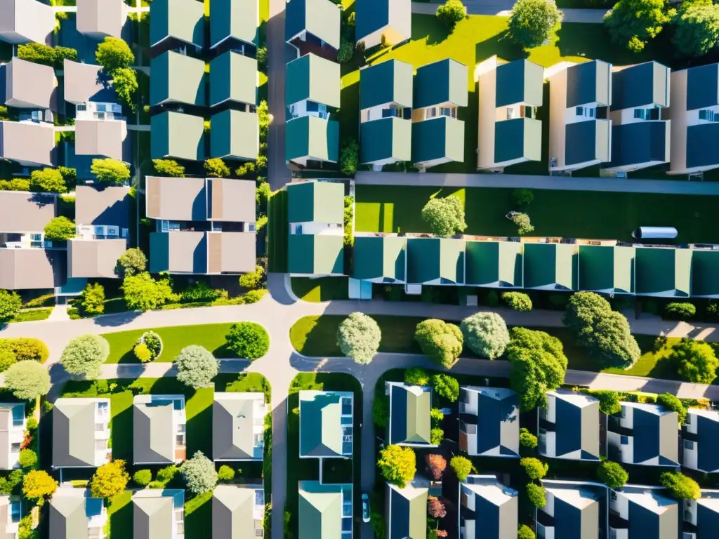 Vista aérea de área urbana densamente poblada con opciones de vivienda asequible y desafíos de garantizar vivienda adecuada