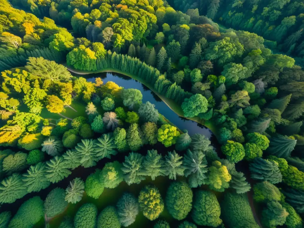 Vista aérea al atardecer de un exuberante bosque, con árboles verdes bañados por la cálida luz dorada del sol