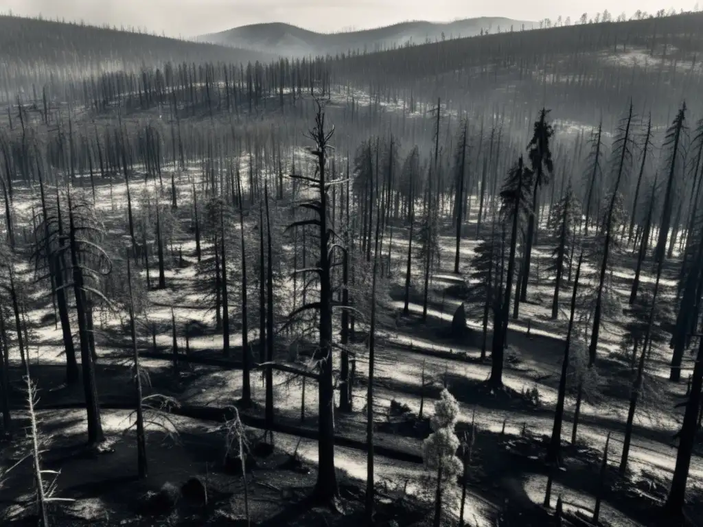 Vista aérea en blanco y negro de un bosque arrasado por un incendio, mostrando los restos carbonizados de árboles