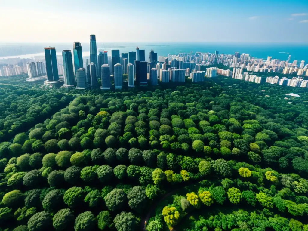 Vista aérea de un bosque exuberante fusionándose con una ciudad moderna, simbolizando el equilibrio entre desarrollo sostenible y derechos humanos