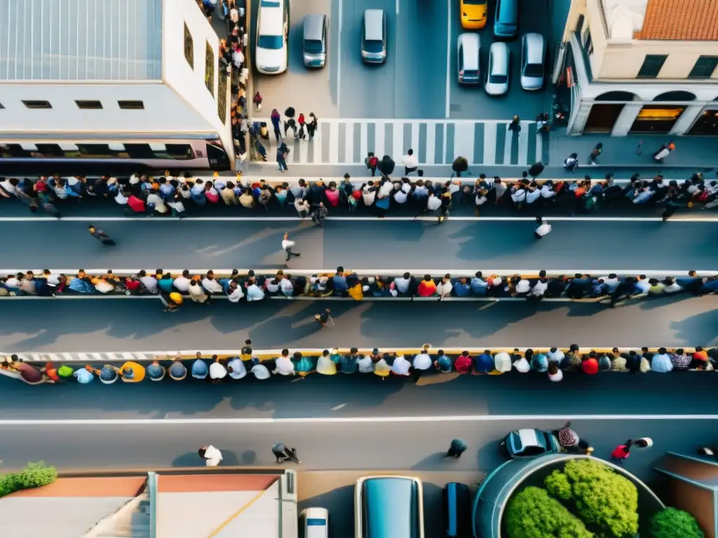 Vista aérea de una bulliciosa área urbana con trabajadores migrantes, destacando la diversidad y el movimiento, protección derechos trabajadores migrantes