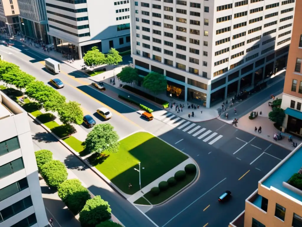 Vista aérea de una bulliciosa ciudad, con transparencia gubernamental que conecta con la vida cotidiana de los ciudadanos