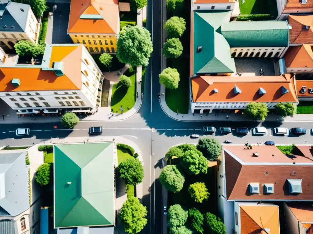 Vista aérea de una bulliciosa ciudad en Europa del Este con calles, edificios y espacios verdes