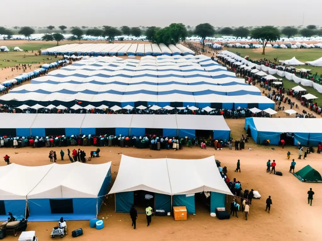 Vista aérea de un bullicioso campamento de refugiados con tiendas improvisadas y voluntarios humanitarios brindando atención médica