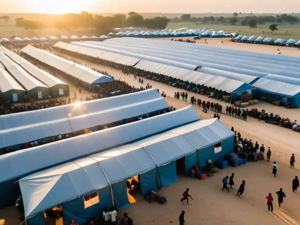 Vista aérea de un bullicioso campo de refugiados con sol brillante, mostrando la transformación de la ayuda a refugiados en Internet