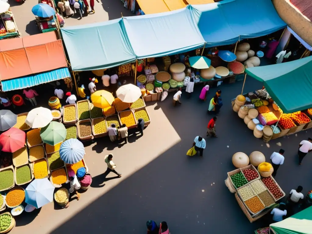 Vista aérea de un bullicioso mercado urbano, donde trabajadores informales venden sus productos en puestos improvisados en la calle