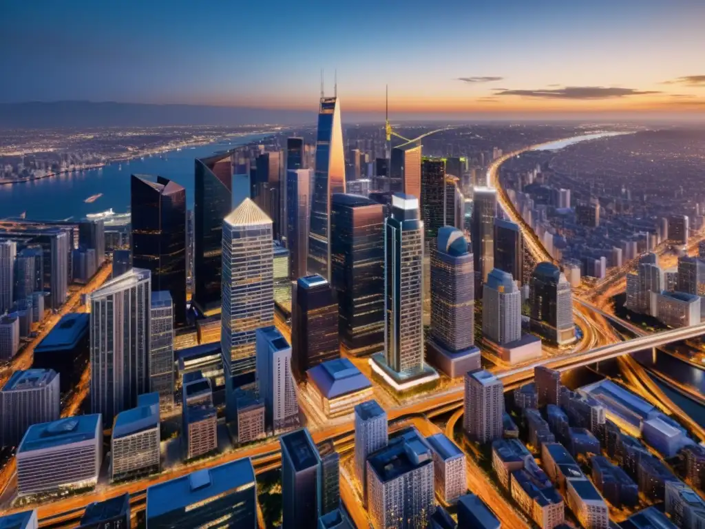 Vista aérea de una ciudad bulliciosa, con rascacielos que se elevan hacia el cielo y una red de carreteras que atraviesa el paisaje urbano