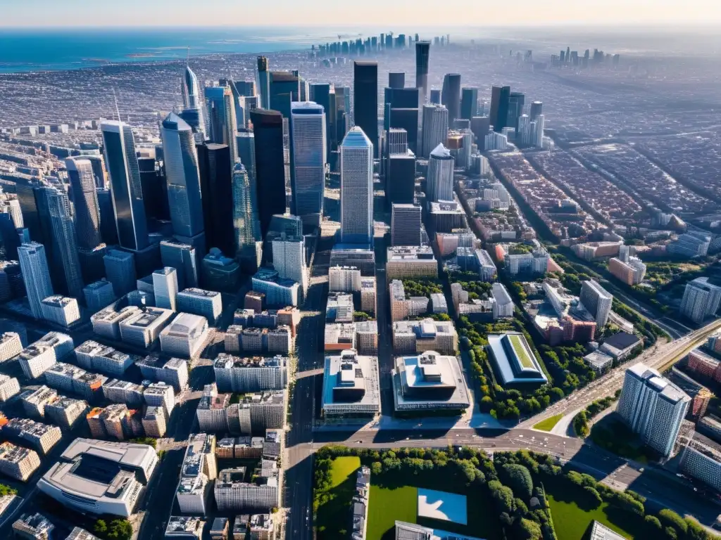 Vista aérea de una ciudad bulliciosa, con rascacielos imponentes proyectando largas sombras sobre un paisaje urbano diverso