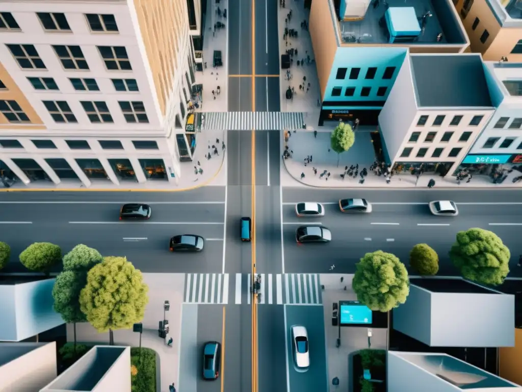 Vista aérea de la ciudad con cámaras de vigilancia AI, mostrando el impacto en los derechos humanos y la privacidad