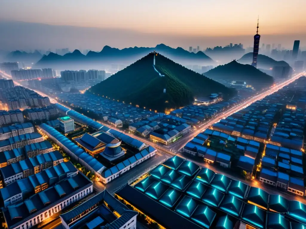 Vista aérea de una ciudad china, con tecnología, vigilancia y derechos humanos en contraste con la arquitectura tradicional y la contaminación