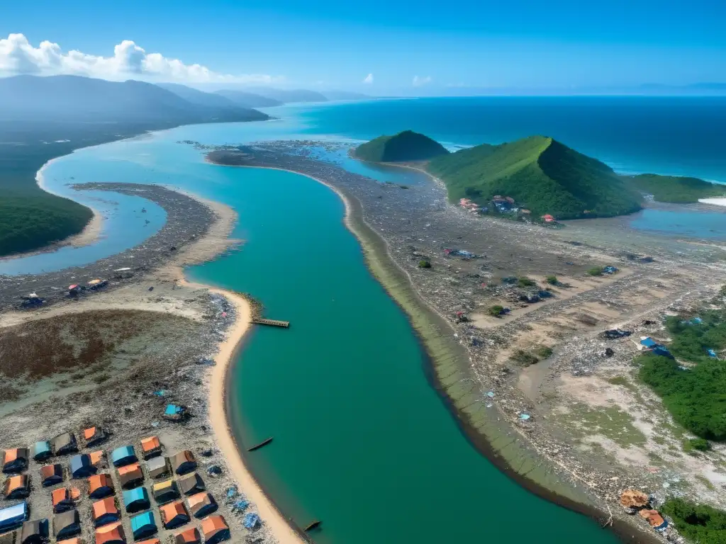 Vista aérea de una ciudad costera devastada por un desastre natural, con escombros esparcidos y equipos de respuesta brindando ayuda a sobrevivientes