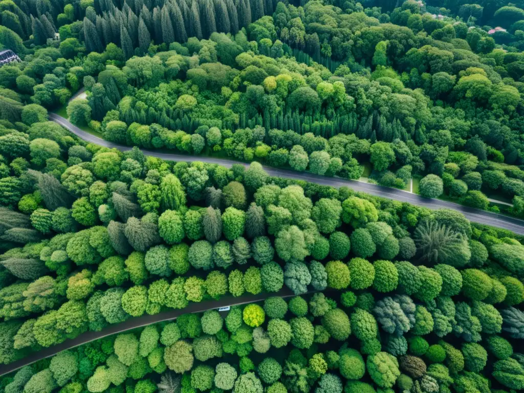 Vista aérea: ciudad densa y bosque verde, impacto de urbanización y beneficios del monitoreo ambiental con inteligencia artificial