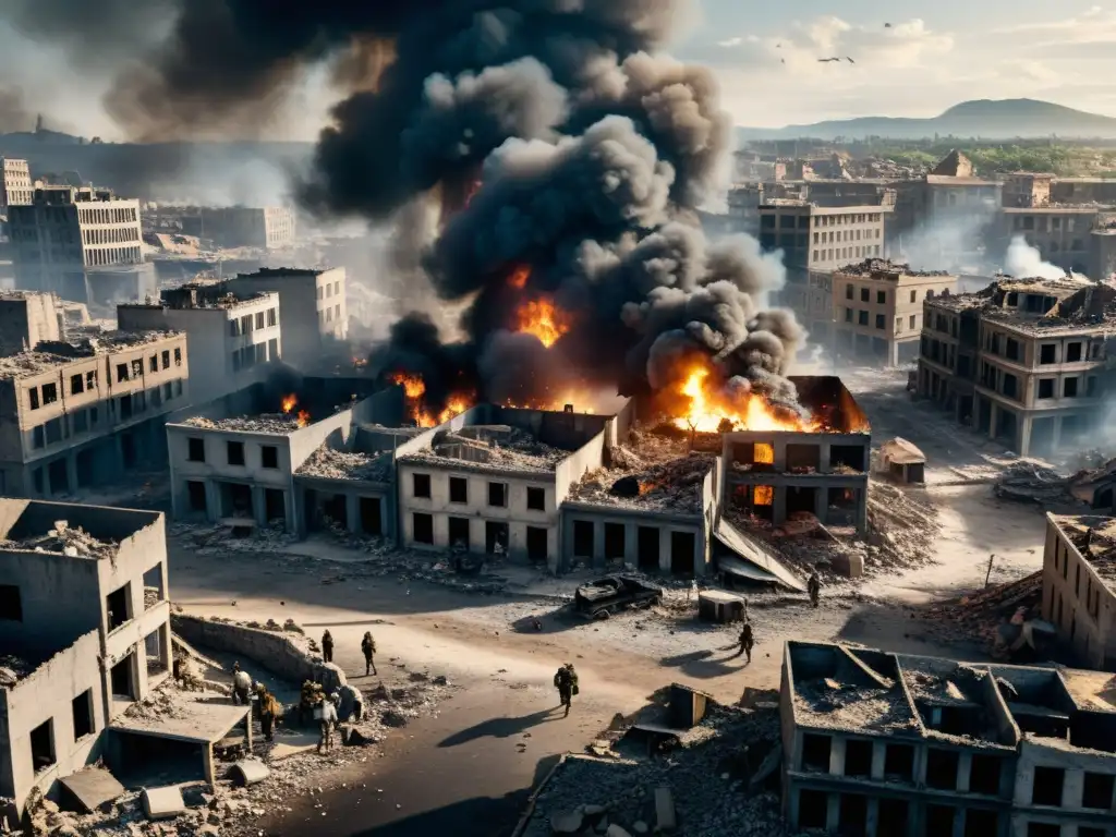 Vista aérea de una ciudad destruida por la guerra, con escombros, humo y personas afectadas por el impacto de la guerra en libertades civiles