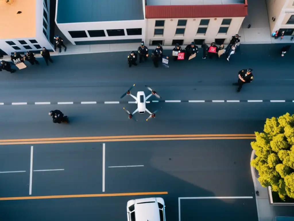 Protesta urbana captada por dron: impacto social y tecnológico Vista aérea de ciudad con dron en protesta