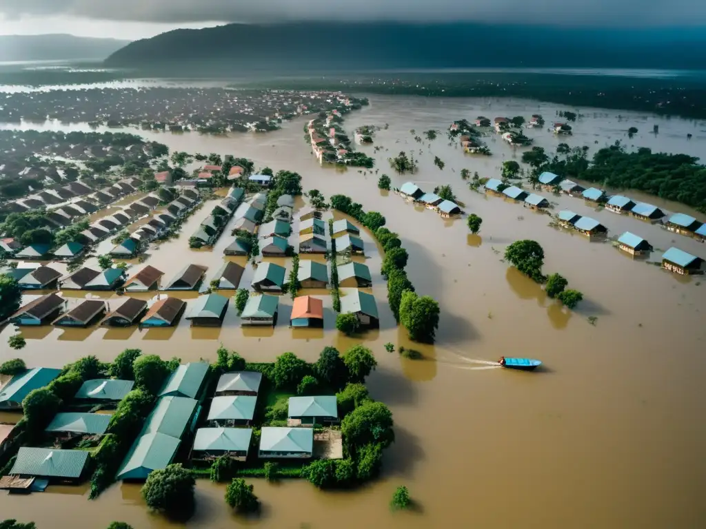 Vista aérea de una ciudad inundada con escuelas sumergidas, mostrando el impacto educativo de la crisis climática en la infraestructura