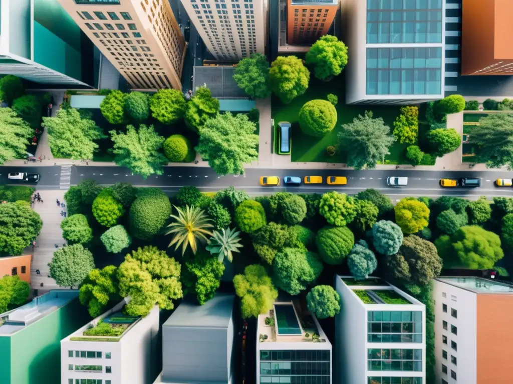 Vista aérea de una ciudad vibrante y diversa, reflejando la influencia del lenguaje en la salud mental y la vida urbana