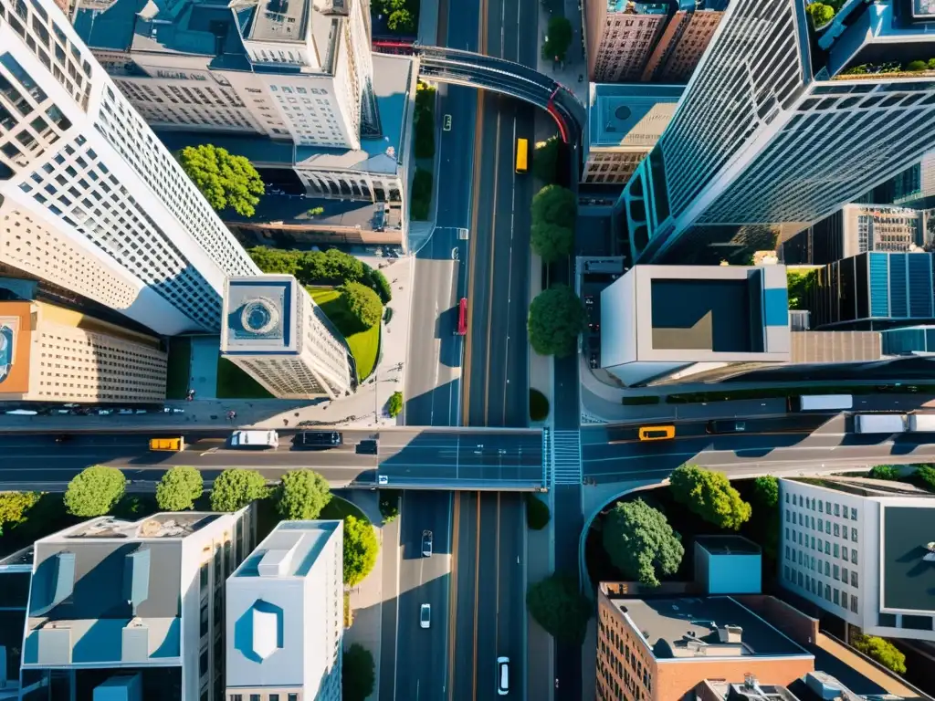 Vista aérea de una ciudad vibrante con rascacielos, calles bulliciosas y una mezcla de arquitectura moderna e histórica