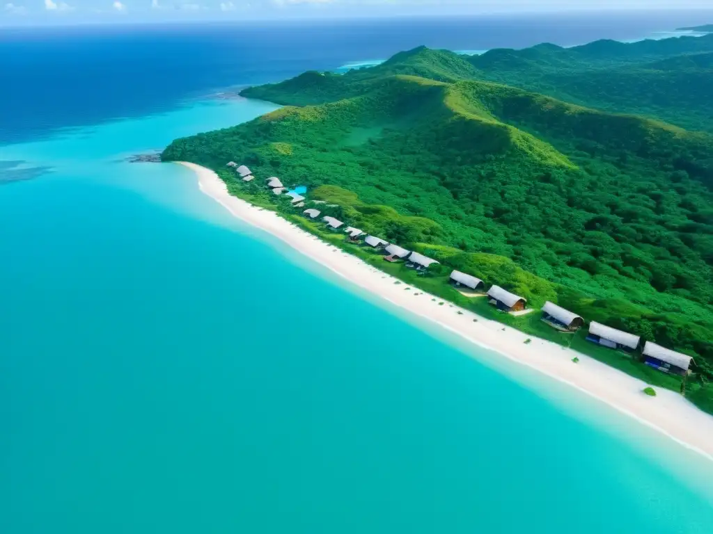 Vista aérea de las coloridas chozas de techo de paja de los Kuna en la exuberante región de Kuna Yala en Panamá, junto al mar Caribe, destacando la autonomía del Pueblo Kuna en Panamá