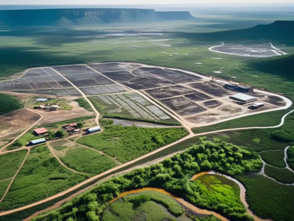 Vista aérea de comunidad afectada por contaminación minera, con tierras y aguas contaminadas