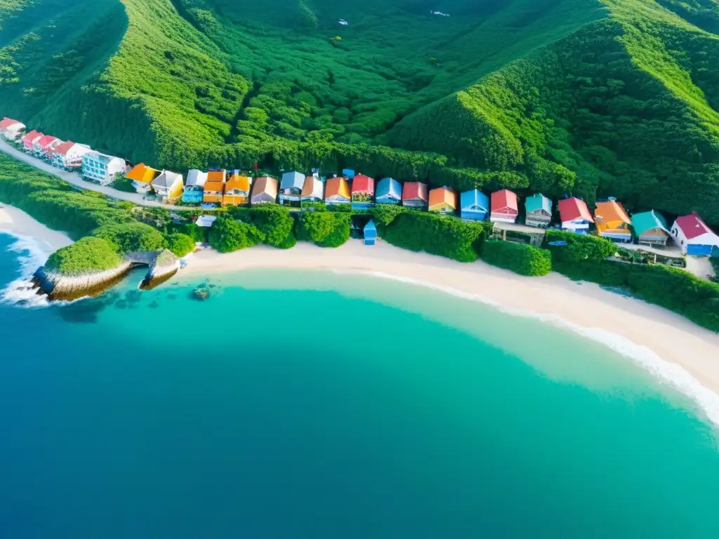 Vista aérea de comunidad costera con casas coloridas entre vegetación y mar azul, mostrando el impacto del aumento del nivel del mar en las vulnerables comunidades