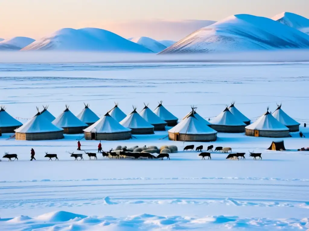 Vista aérea de la comunidad Nenets en Siberia, con su estilo de vida tradicional de pastoreo de renos en la tundra