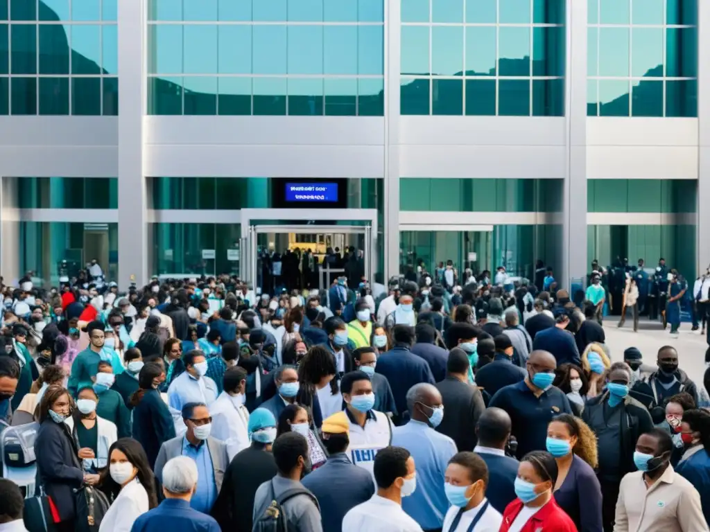 Vista aérea de una concurrida calle de la ciudad, con personas usando mascarillas y formando filas para acceder a instalaciones médicas