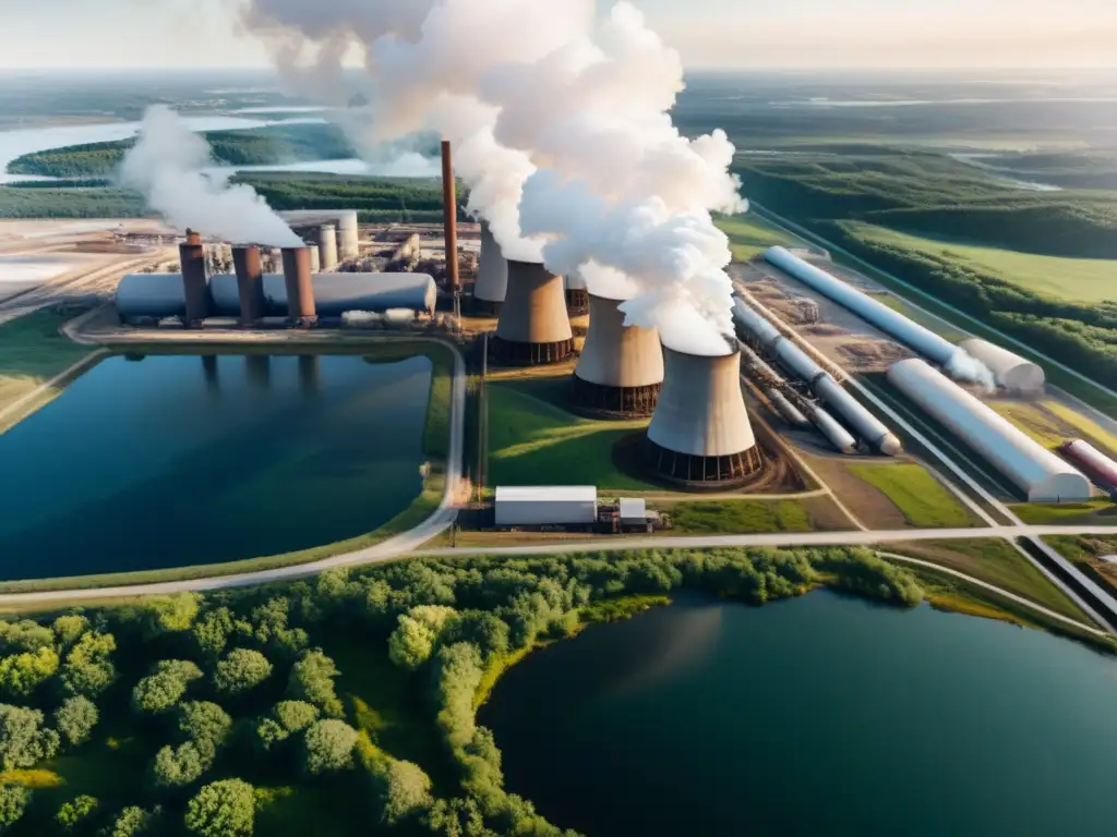 Vista aérea de contaminación industrial contrastada con naturaleza virgen, resaltando la urgencia del activismo ambiental