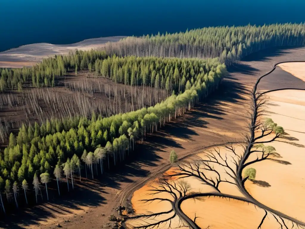 Vista aérea desolada de la deforestación masiva, destacando la urgencia del cambio climático