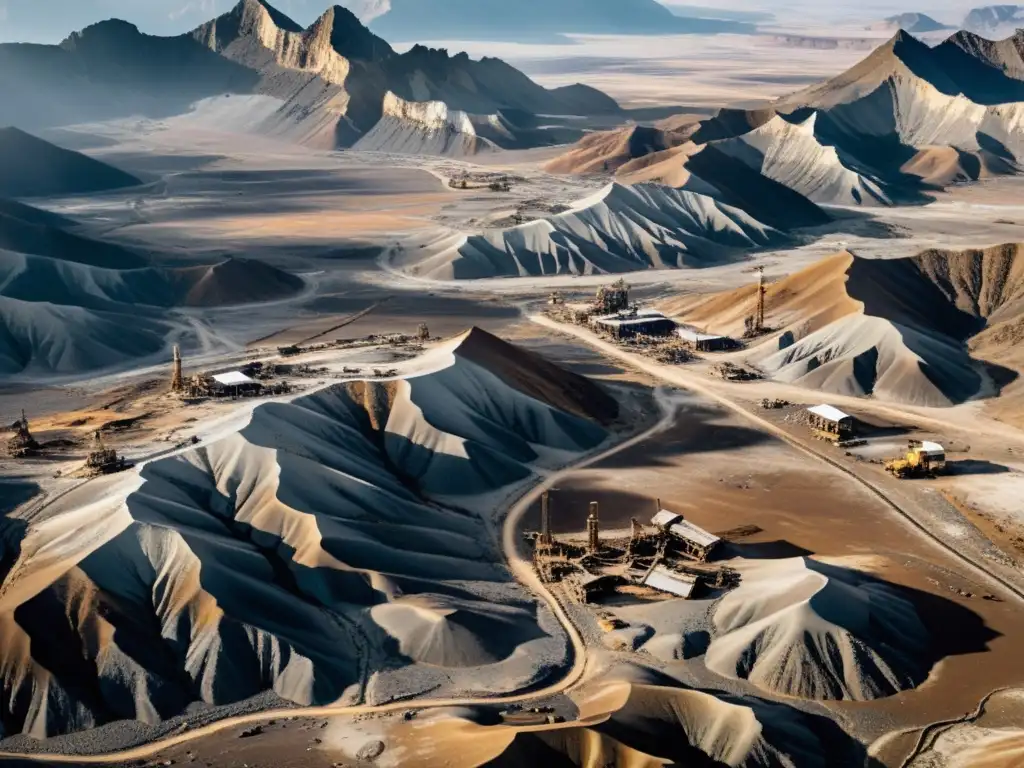 Vista aérea desolada de paisaje de guerra con equipos mineros abandonados