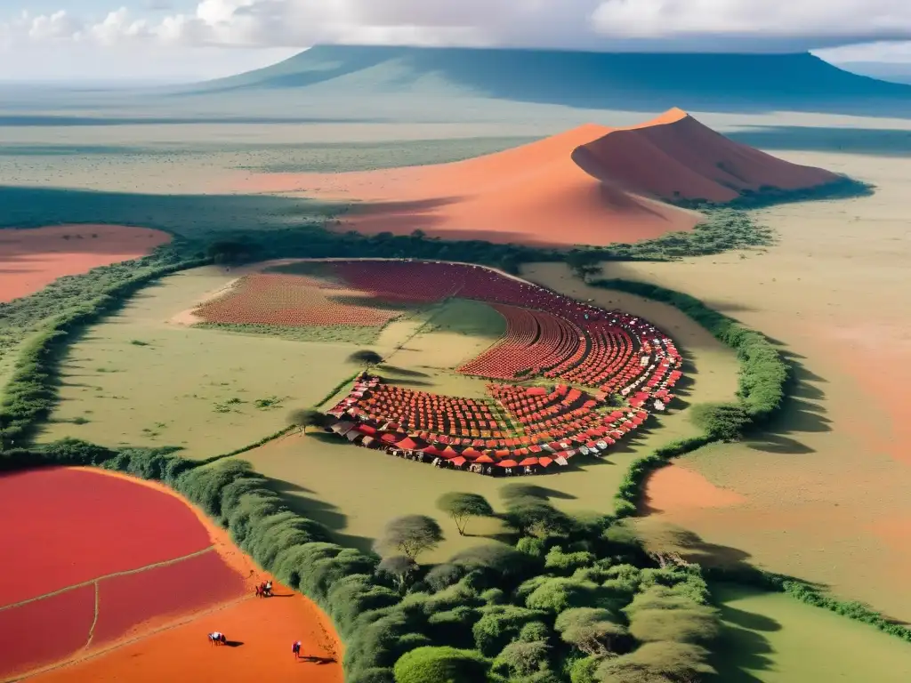 Vista aérea de la extensa tierra Maasai en Tanzania, con asentamientos y la disputa por tierras ancestrales Maasai Tanzania