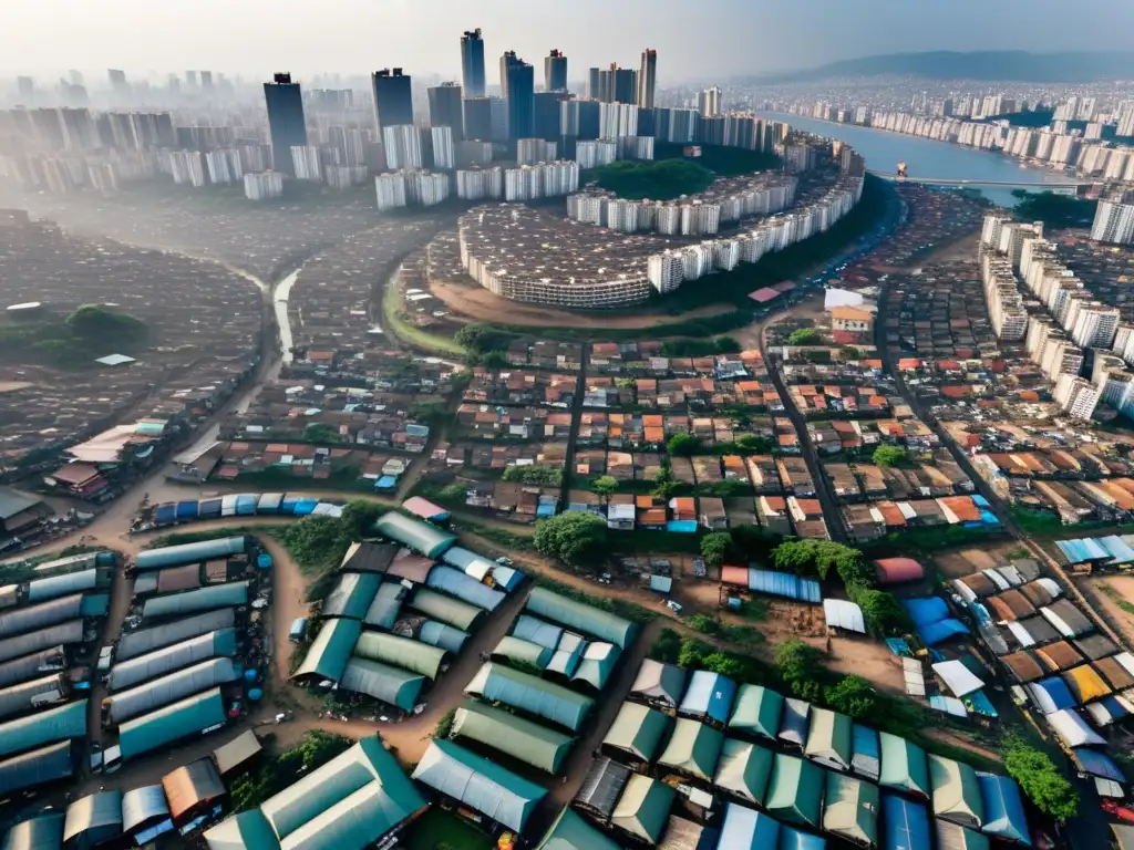 Una vista aérea de un extenso barrio marginal urbano, con refugios improvisados densamente agrupados, contrastando con el horizonte moderno al fondo