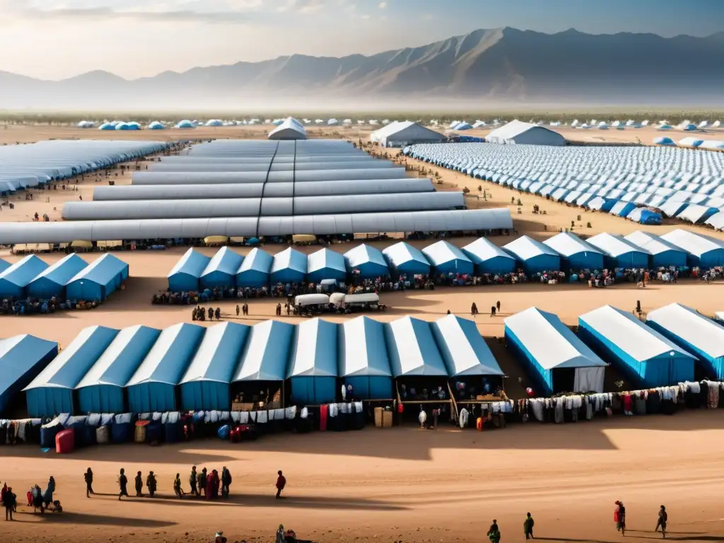 Vista aérea de un extenso campamento de refugiados con personas moviéndose entre albergues temporales