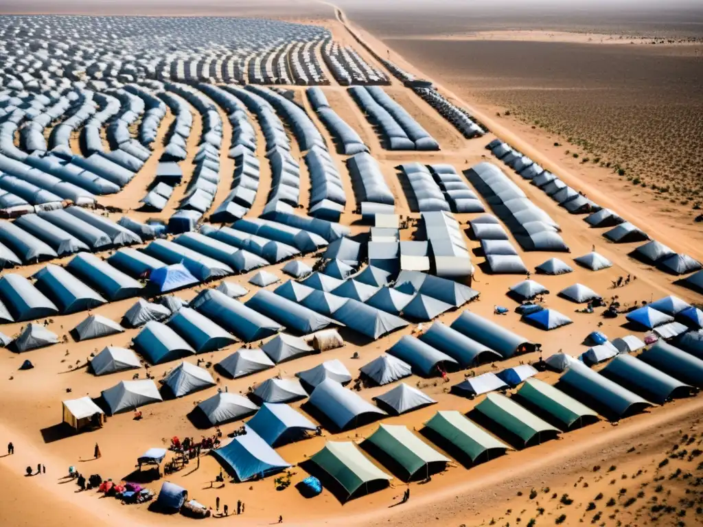 Vista aérea de un extenso campamento de refugiados en un paisaje árido, resaltando el impacto ambiental de la crisis humanitaria