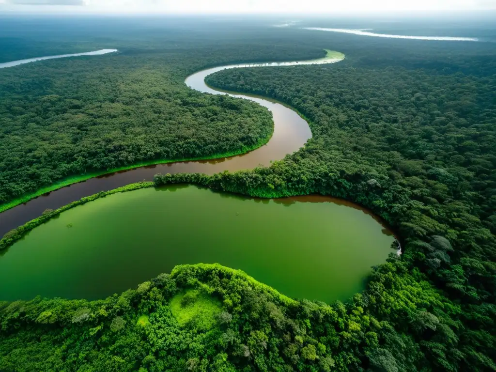 Vista aérea del exuberante Amazonas en Ecuador con río serpenteando entre vegetación