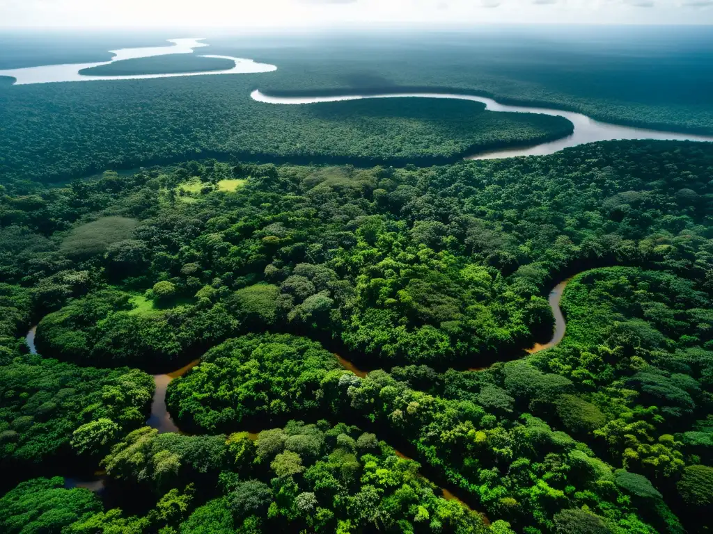 Amazonía: Belleza Natural y Desafíos Legales Vista aérea de la exuberante Amazonía, con ríos serpenteantes y vida silvestre, resaltando la necesidad de defensa de la Amazonia y derechos humanos