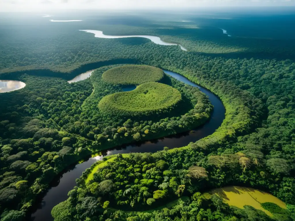 Esplendor amazónico: biodiversidad y conexiones Vista aérea de la exuberante Amazonia con un río serpenteante, luz filtrándose entre la densa vegetación