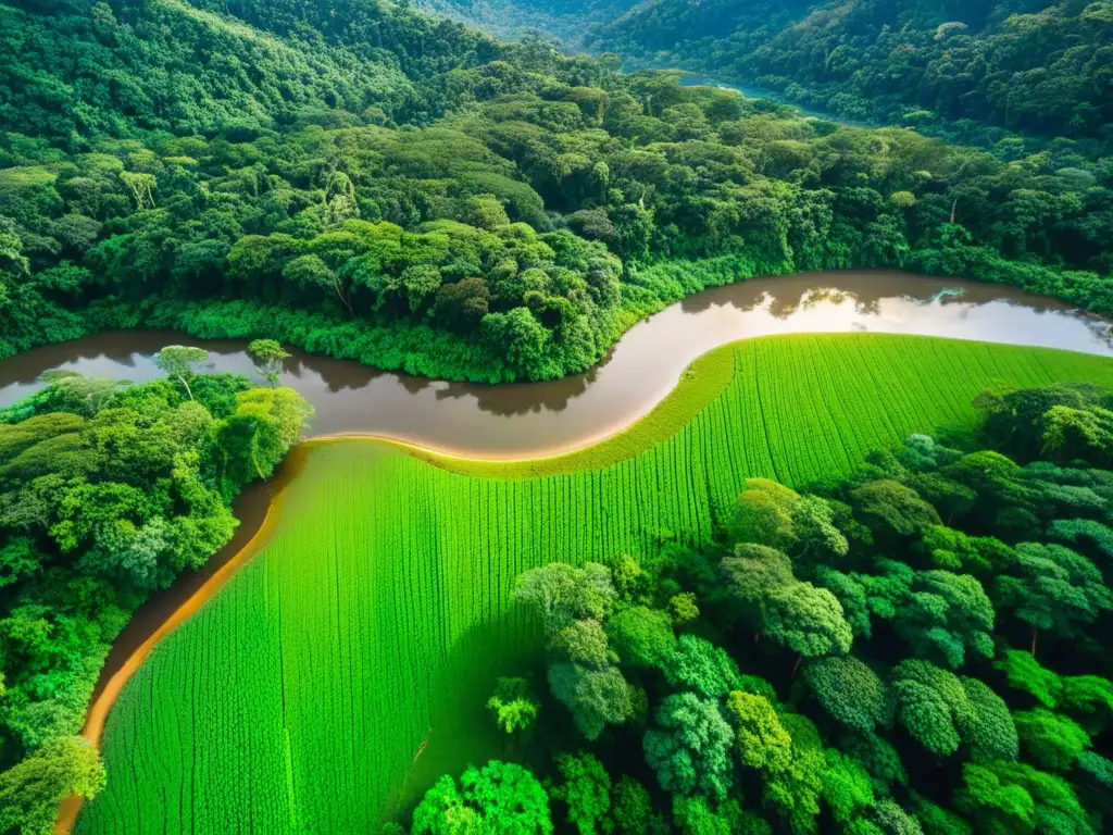 Vista aérea de un exuberante bosque con un río serpenteante, árboles verdes y luz solar filtrándose