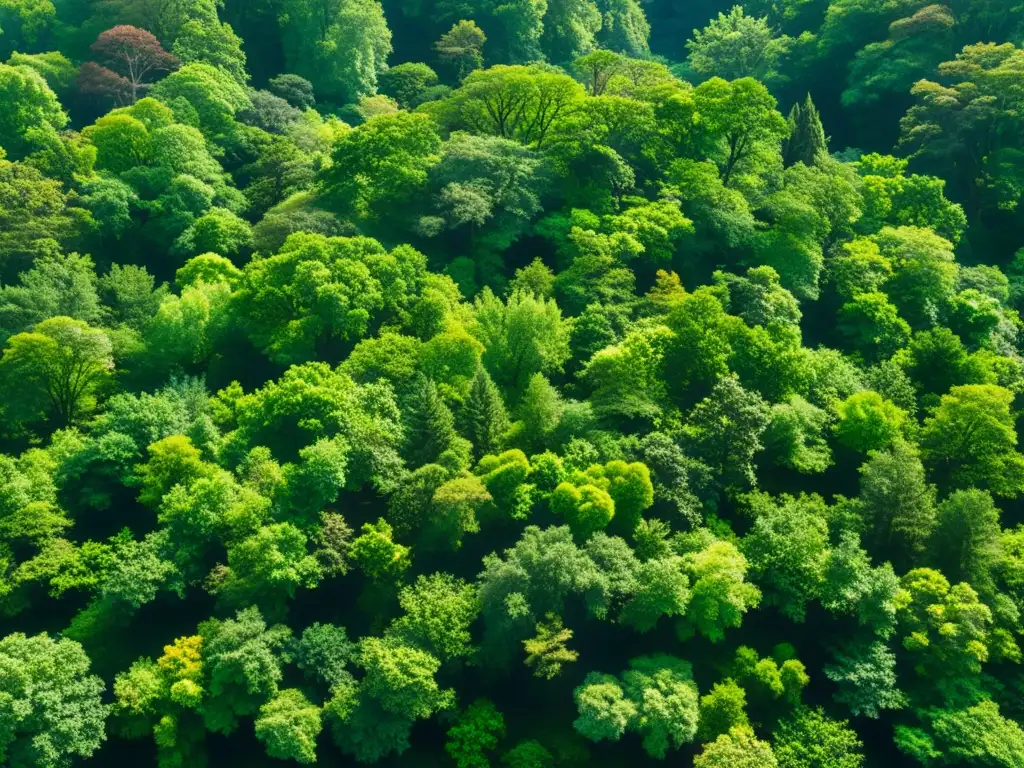 Vista aérea de un exuberante bosque con luz solar filtrándose a través del dosel, creando un patrón hipnótico