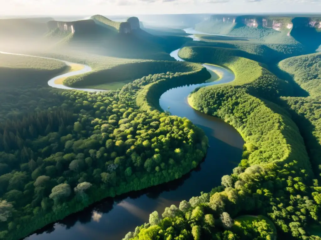 Vista aérea de un exuberante bosque verde con un río serpenteante