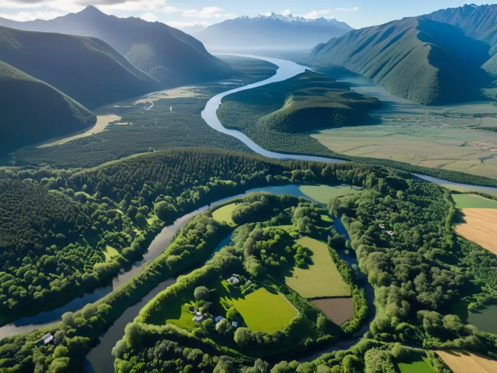 Vista aérea de la exuberante comunidad Lof Cushamen con su arquitectura Mapuche