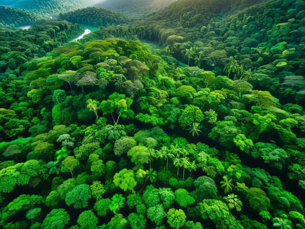 Vista aérea de un exuberante dosel de selva lluviosa con una diversa vida silvestre